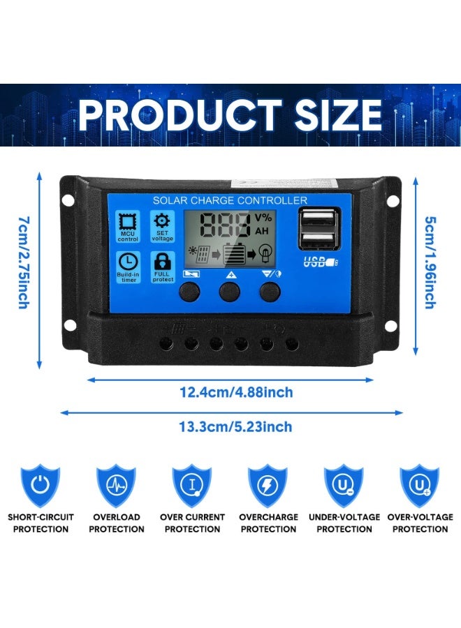 باوسونيفاي 2 قطعة 30A وحدة تحكم البطارية الشمسية 12v/24v وحدة تحكم شحن الألواح الشمسية وحدة تحكم الألواح الشمسية الأرضية منظم مع شاشة LCD قابلة للتعديل ومنفذ USB مزدوج إعداد المؤقت PWM المعلمة التلقائية - Image 2